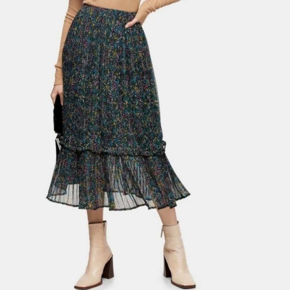 Topshop Midi Dark Ditsy Floral Lined Skirt Size 8